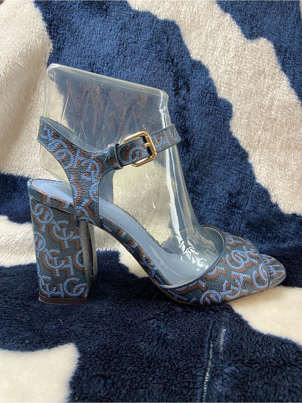 Coach Marla Leather Signature Monogram Blue Block Heels Ankle 7.5 Sandal Chunky